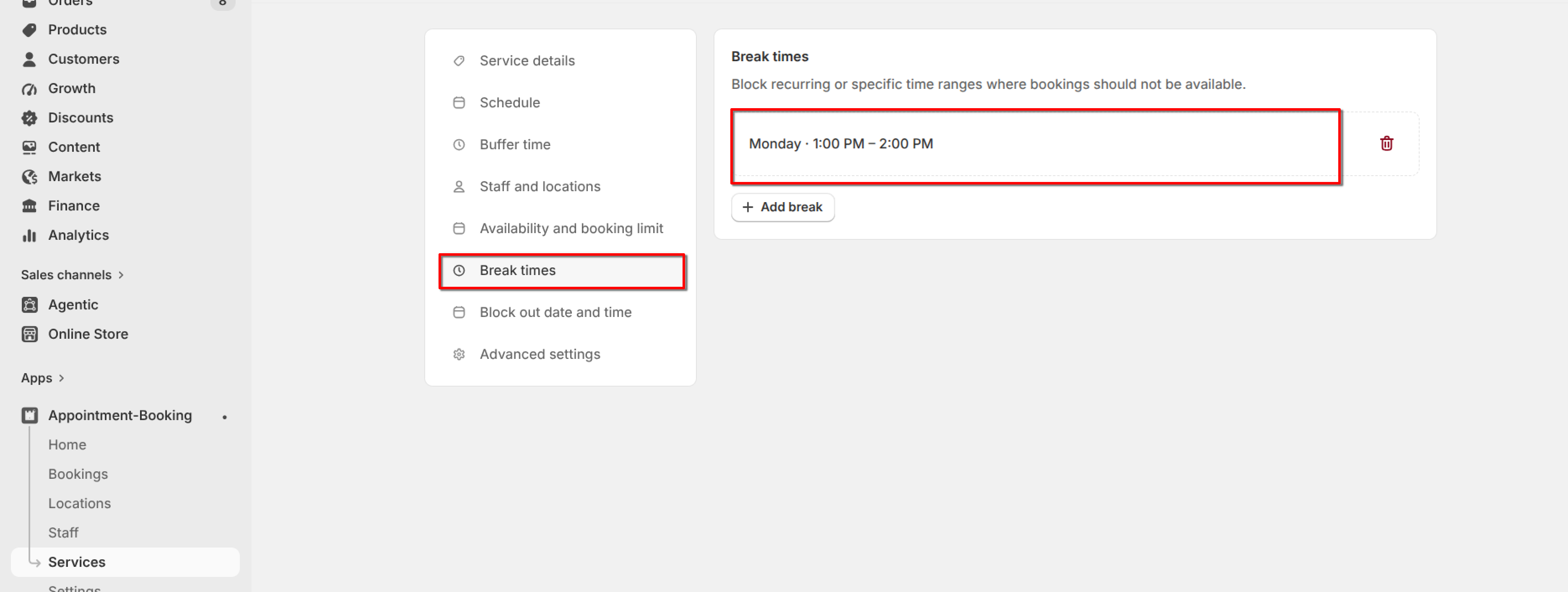 Break times tab showing a saved break, Monday 1:00 PM to 2:00 PM, in the list
